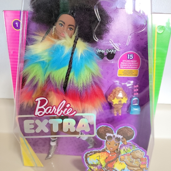 Mattel Toys Barbie Extra Doll Furry Rainbow Coat With Pet Poodle